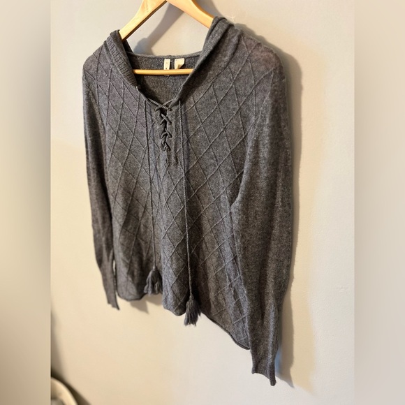 Anthropologie Moth Lace Up Diamond Weave Hooded Wool Blend Sweater Gray Small - Picture 2 of 10
